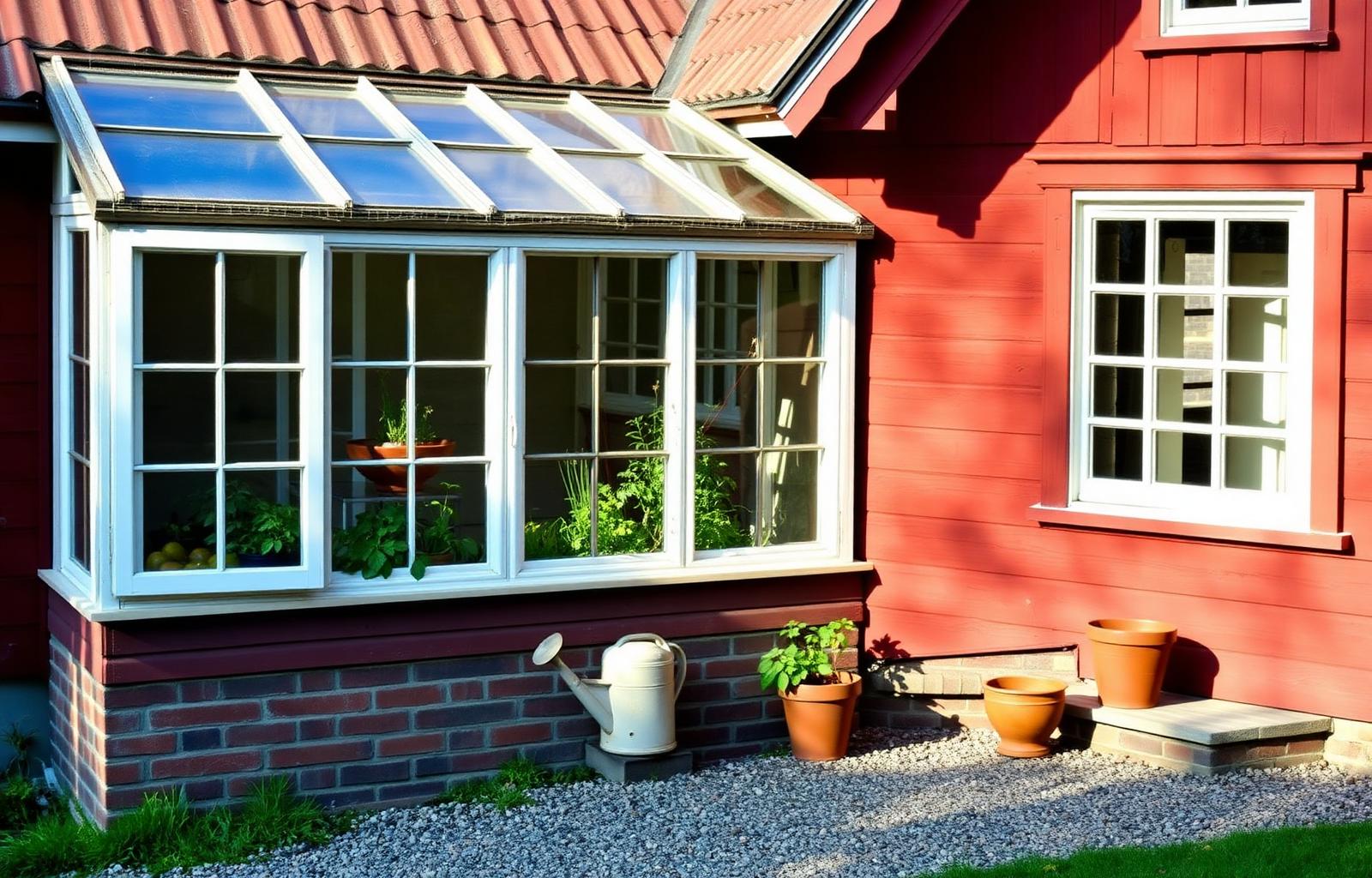 Vidbyggt växthus (lean-to) mot rödmålad falusidig husvägg med tegelgrund och återbrukade spröjsade fönster